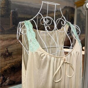 Vintage Cream Nylon Nightgown Mint Lace Straps Cottagecore Lingerie Slip Dress